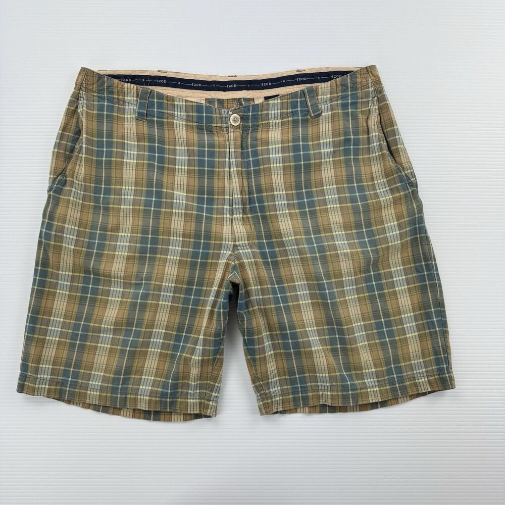 IZOD Golf Shorts Mens 40 Plaid Green Tan Cotton Flat Front Classic Fit
